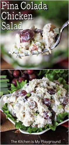 Fork bite and plate of Pina Colada Chicken Salad Whole30 Lunch, Salad With Grapes, Yummy Salads, Savory Salads, Salad Wraps, Paleo Lunch, Salad Recipes For Dinner