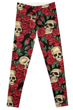 Super stretchy and durable polyester full-length leggings. Vibrant high-quality sublimation print across the front and back. Size range XXS-XL. skulls and roses pattern Gothic Black Bottoms With Skull Print, Black Skull Print Leggings For Halloween, Fitted Skull Print Leggings For Halloween, Gothic Skull Print T-shirt For Alternative Fashion, Casual Skull Print Leggings, Rose Leggings, Skulls And Roses, Leggings Design, Chiffon Tops