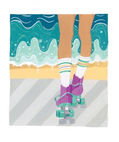 a painting of a person riding a skateboard on the beach