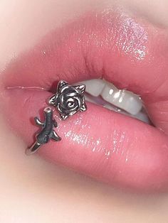 a close up of a person's lips with a ring on top of it