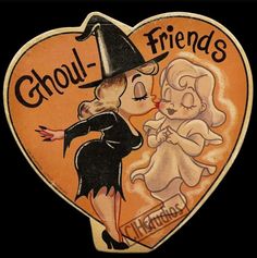 a heart shaped sign with an image of two women in witches hats and the words, ghoul - friends