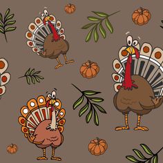 thanksgiving turkeys and leaves on a brown background