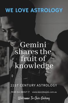 a man and woman looking at each other with the words genni shares the fruit of knowledge