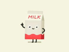 a cartoon milk carton with a smiling face and arms, holding a sign that says milk