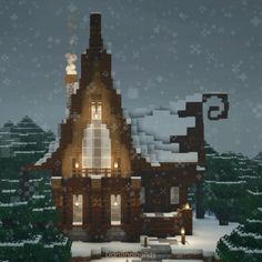 a house in the middle of a snowy forest with trees and snowflakes on it