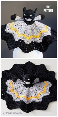 crocheted batman cape with bat motif on the front and back, free pattern