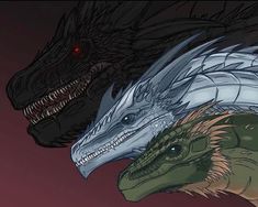 two dragon heads with red eyes and sharp teeth, one is green and the other is black