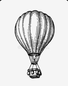 a hot air balloon flying in the sky, vintage line drawing or engraving style illustration