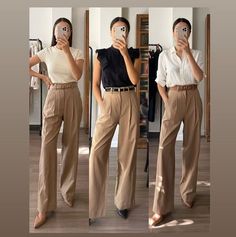 Combina así de bien tu pantalón en color camel en 2024. Te dejamos más ideas con outfits de estilo minimalista para llevar sin parar. Beige Pant Work Outfits, High Waisted Cream Pants Outfit, Tan Tapered Pants Outfit, Casual Work Outfits Beige Pants, Tan Pants Casual Outfit, Tan Brown Pants Outfit, Tan Pants Office Outfit, High Waisted Straight Leg Pants Outfit, High Waisted Tan Pants Outfit