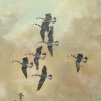 a painting of birds flying in the sky with clouds behind them and an image of a man on top of one bird