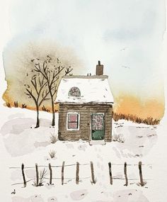 a watercolor painting of a small house in the middle of winter with snow on the ground