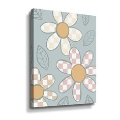 a flower on a gray background with checkered squares and leaves canvas wall art print