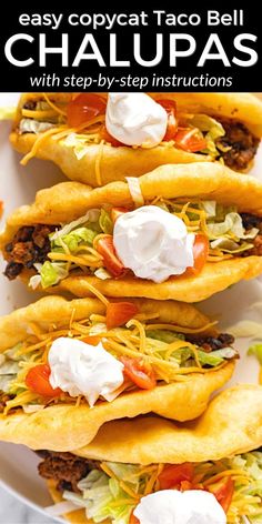 three tacos on a white plate with text overlay that says easy copycat taco bell chalupas