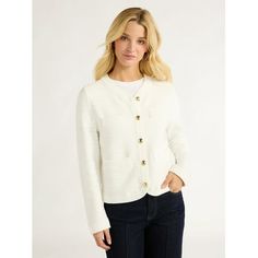 Free Assemblys Welt Pocket Cardigan Sweater is a modern take on an iconic classic. Wonderfully versatile, this elegant sweater can be buttoned up and worn as a top or layered and worn as a jacket, and it looks equally amazing with jeans as it does with a skirt or a dress. Super-soft, with a just-right fit, this is the sweater youll be reaching for again and again. Only at Walmart. Size: XL.  Color: Off-White.  Gender: female.  Age Group: adult. Shrunken Sweater, Cream Outfits, Stitch Clothes, Elegant Sweater, Textured Cardigan, Cropped Cardigan Sweater, Pocket Cardigan, Cardigan Outfits, Style Cardigan