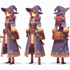 three different poses of a female character with long hair, wearing a hat and holding a bag