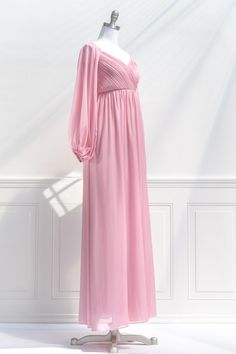 A fairytale-pink gown, the Persephone maxi dress in sparkling blush pink chiffon features a pleated bodice, long sleeves, smocked elastic back with zipper, a sweetheart neckline, and a full, sweeping skirt. Please Note- This item is final sale only. . Details: S: Bust 32"-36", Waist 26"-28", Length 58" M: Bust 34"-38", Waist 28"-30", Length 59" L: Bust 36"-40", Waist 30"-32", Length 60" Skirt Length Waist to Hem: 47" Center Back Zipper 100% Polyester Lined Dry Clean Only Imported Pink Aesthetic Retro, Pink Gown, Aesthetic Retro, Pink Chiffon, Pink Gowns, Pleated Bodice, Romantic Dress, French Girl, French Fashion