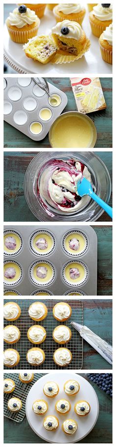 there are several different pictures of cupcakes on the table and in front of them