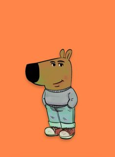 a cartoon dog wearing a sweater and standing in front of an orange background with the words,