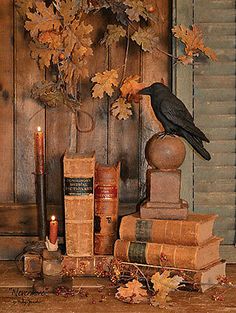 a crow sitting on top of books next to candles