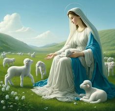 a painting of the virgin mary surrounded by sheep