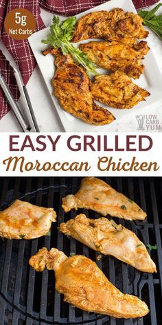 grilled chicken on the grill with text overlay that reads easy grilled moroccan chicken