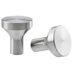 a pair of stainless steel knobs on a white background, one is open and the other is closed