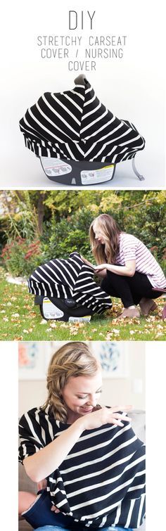 a woman sitting on top of a chair covered in black and white striped fabric with the words diy