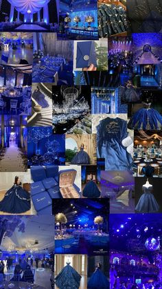 a collage of blue and white images with lights in the background, including chandeliers