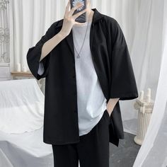 Material: Polyester Collar: Turn-down Collar Sleeve Style: Regular Closure Type: Single Breasted Applicable Season: Spring and Summer Silk Shirt Men, Summer Shirts Men, Harajuku Shirt, Japan Streetwear, Oversized Outfit, Khaki Fashion, Oversized Blouse, Solid Color Shirt, Men Shirt