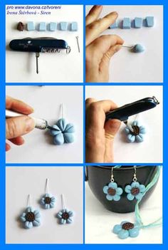 four pictures showing how to make flower earrings with polymer beads and glue on the ends