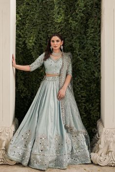 Pakistani Bridal Ice Blue Lehenga Choli Dupatta Dress Ice Blue Lehenga, Faiza Saqlain, Blue Lehenga Choli, Mahima Mahajan, Lehenga Style Saree, Blouse Lehenga, Indian Bridesmaid Dresses, Simple Lehenga, Raw Silk Lehenga