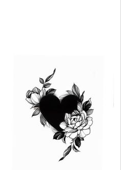 a black and white drawing of a heart with flowers on the side, surrounded by leaves