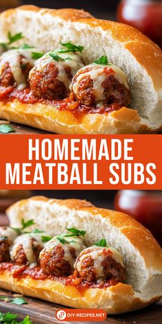 homemade meatball subs on a wooden cutting board with text overlay that reads, homemade meatball subs