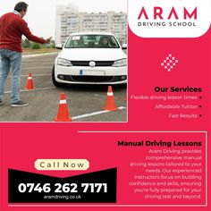 an advertisement for a driving school with a man standing in front of a white car