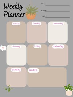 a weekly planner with potted plants on the side and notes for each month in it