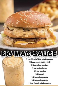 the big mac sauce is on top of a cheeseburger and it's ready to be eaten