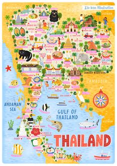 an illustrated map of thailand with all the major attractions and places to see in it