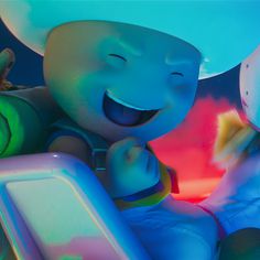 an animated character is smiling while sitting next to another character in the same color light