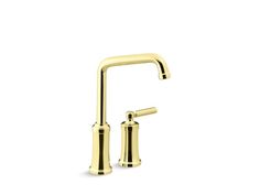 a gold faucet with two handles and nozzles on the side, in front of a white background