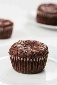 two chocolate muffins sitting on top of a white plate next to each other