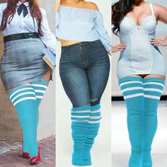 Plus Size Thigh High Socks Striped- Blue & White One Size Blue Casual Socks, Blue Casual Socks One Size, Trendy Thick Knee-high Socks, Casual Blue Socks One Size, Casual Blue Socks For Fall, Casual Blue One-size Socks, Casual Fall Blue Socks, Blue One-size Leg Warmers For Fall, Trendy Fitted Blue Leg Warmers