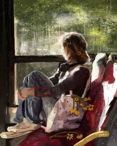 a painting of a woman sitting on a bus looking out the window at raindrops