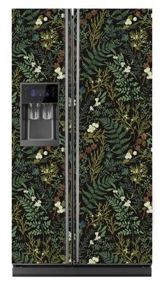 the side by side refrigerator is decorated with green leaves and white flowers on black background