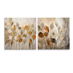 two paintings with leaves on them, one is brown and the other is white