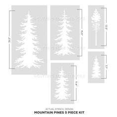 the mountain pine 5 piece kit is shown with measurements for each tree and its size