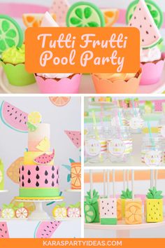 a party with watermelon and pineapples on the table, cupcakes in