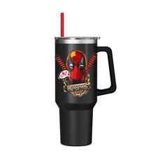 a black cup with a red straw in it and a deadpool logo on the side