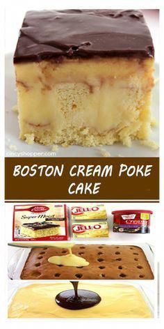 boston cream poke cake with chocolate toppings