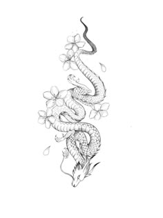 a drawing of a snake with flowers on it