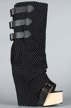 Irregular Choice  The Mo Money Mo Heel Boot             Nine inch heel boots with wooden platform; polka dot fabric and buckle details throughout Legs Walking, Models Off Duty Style, Mo Money, Crooks And Castles, Heart Clothes, Heel Boot, Irregular Choice, Diamond Supply Co, Diamond Supply